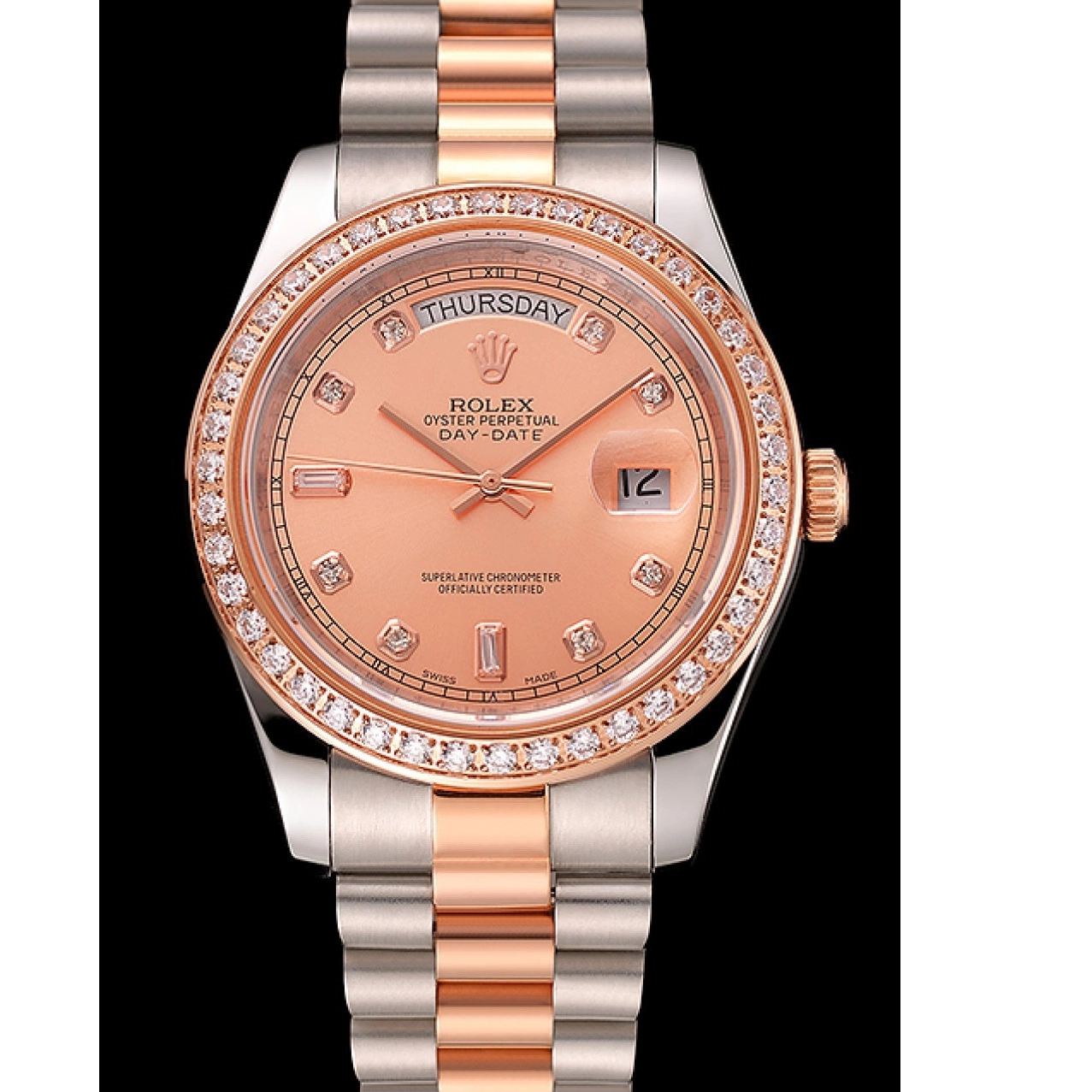 Aaa replica watch Diamonds Gold Staineless Bracelet Bezel Rolex Day-Date And Steel Rose 1454107 Swiss 0814